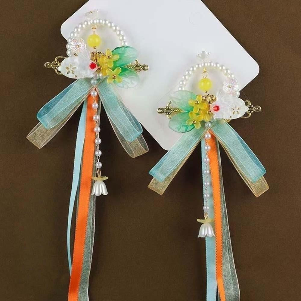 1 Pair Long Ribbon Hanfu Hair Clip Flowing Tassel Ribbon Bows Hairpin Hanfu Dress Up