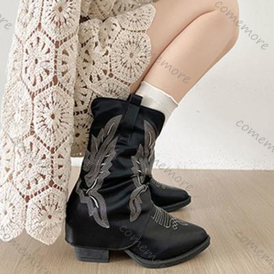 Празднуйте Винтажная Осень Толстый Высокий Каблук Женские Западные Ковбойские Ботинки до середины икры Женские Слипоны Вышивка Короткие Ботильоны