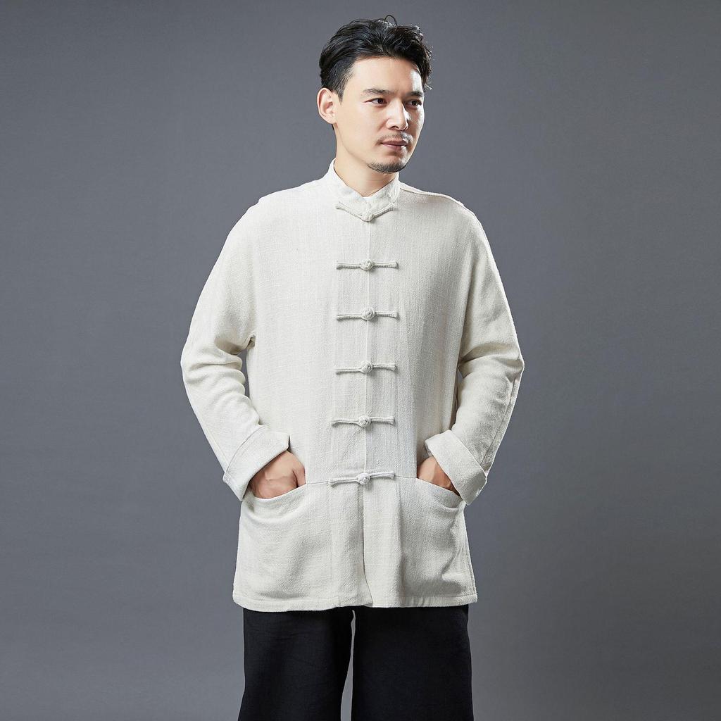 Мужская осенняя рубашка ханьфу из рами: Свободная повседневная верхняя одежда в китайском стиле со стойкой и застежками-лягушками