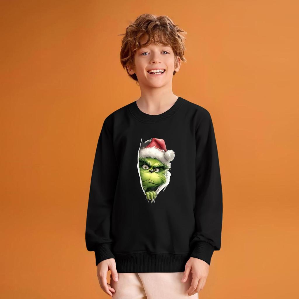 Kids' Fashion Loose-Fit Casual Long-Sleeve Christmas Print Oversized Crewneck Sweatshirt