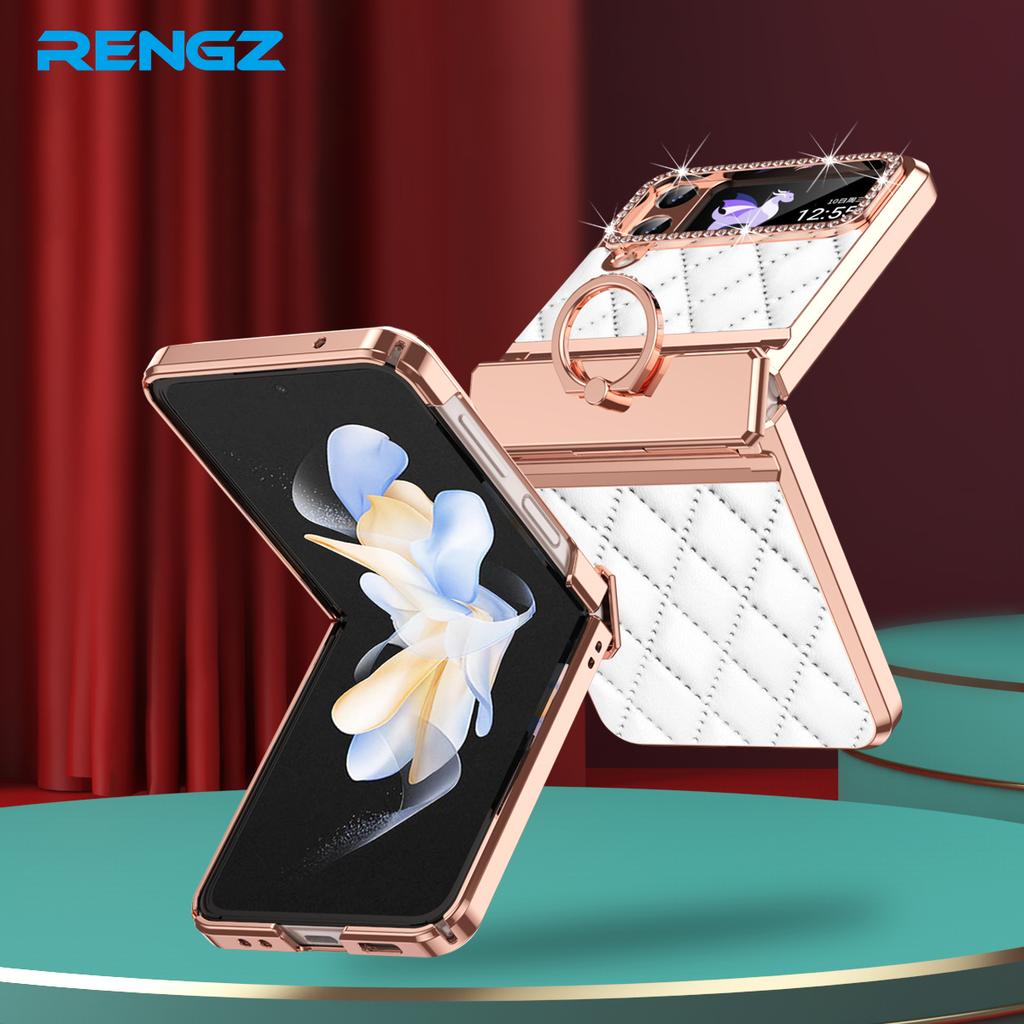 RENGZ Diamond Plating Leather Hinge Protection Case For Samsung Galaxy Z Flip 6 5 4 3 Folding Ring Holder Cover for Flip5 Flip4