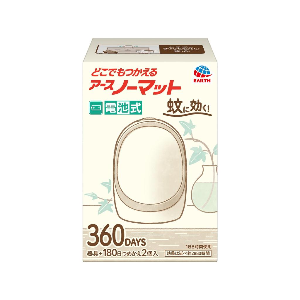 Earth Mosquito White Mosquito Use Set No-Mat Repellent, 360-Day Use, Silver, Indoor/Outdoor Use, Control, Fragrance-Free, 180-Day (2 Units)