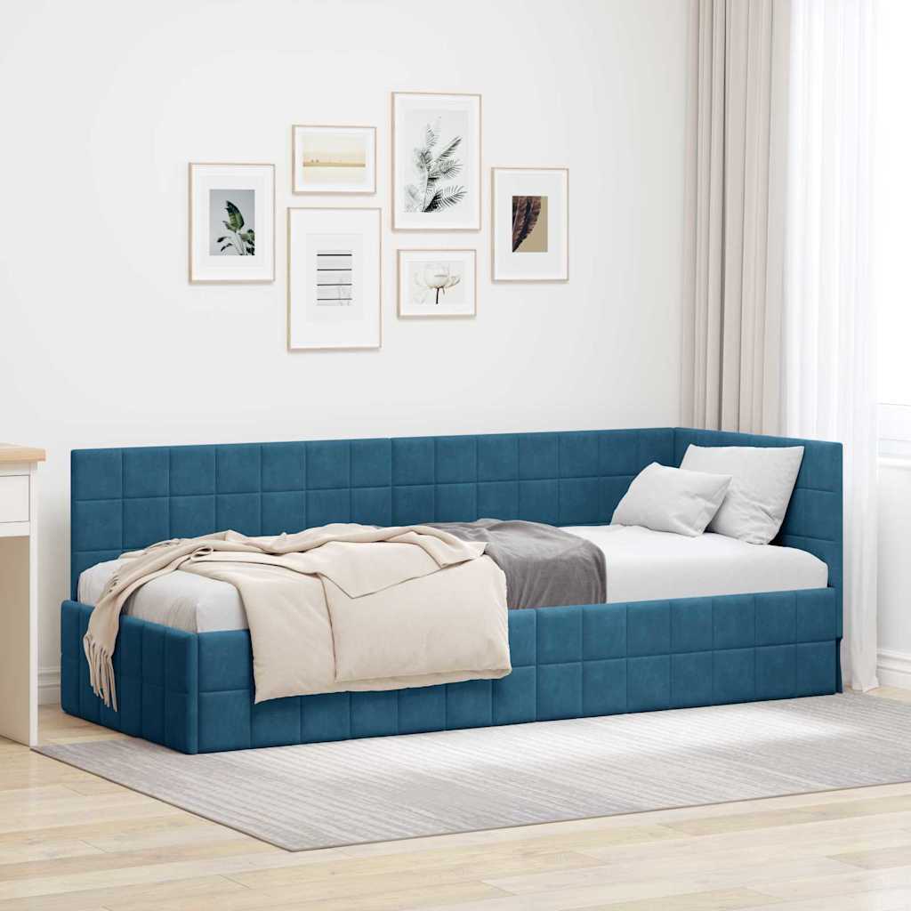 L shaped bed frame with headboard blue 80 cm x 200 cm velvet