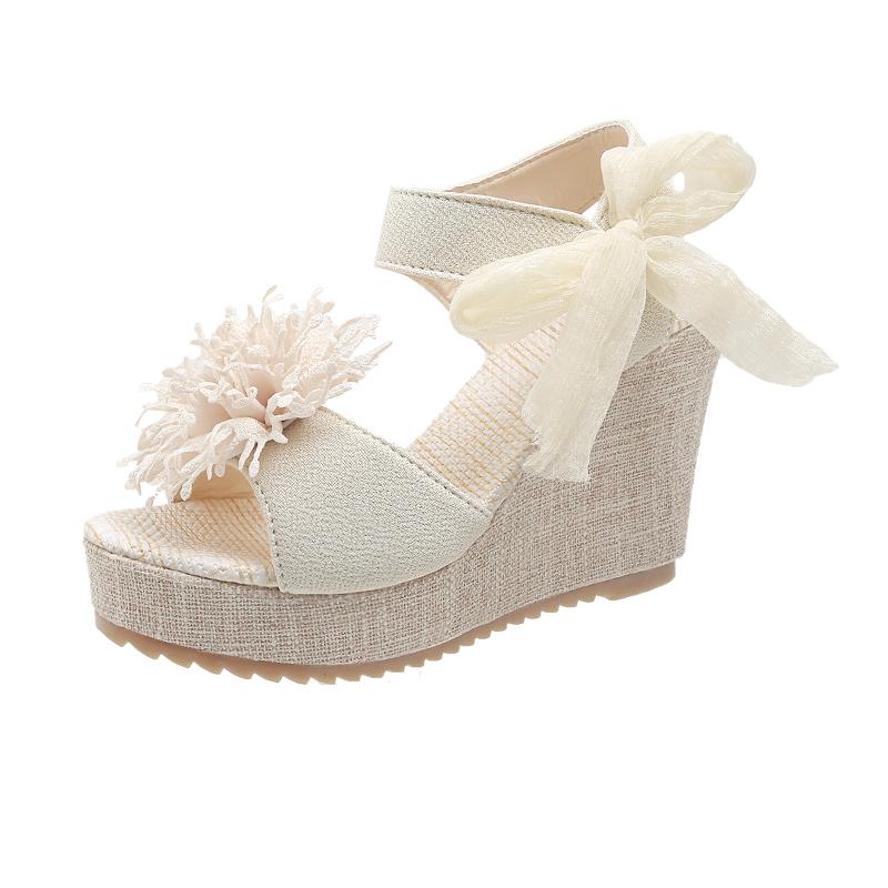 Модные элегантные повседневные босоножки с цветочным принтом и толстой подошвой на покатом каблуке 2024 года, модные сексуальные женские босоножки с бантом на высоком каблуке 2024 года, летние спортивные сандалии