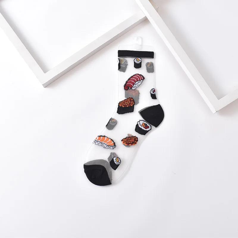 Summer Women Socks Ultra-thin Transparent Crystal Silk Socks Women Cartoon Print Japanese Kawaii Cute Funny Elastic Long Socks
