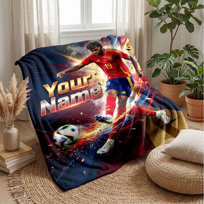 Lamine Yamal Custom Name Text Flannel Blanket Soccer Logo Personalized Fleece Throw Blanket Special Gift For Sofa Bedroom Home