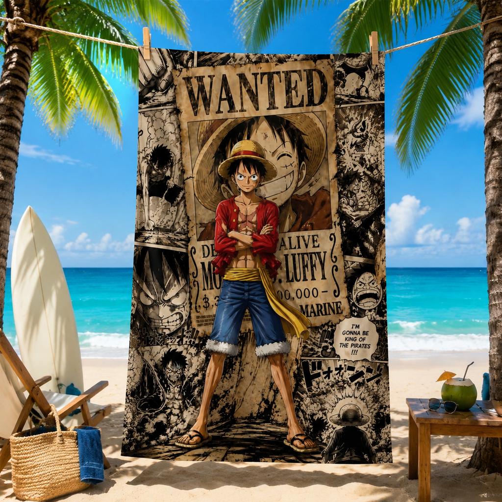 One Piece Luffy Wanted Poster Beach Towel, Manga Collage Microfiber Quick Dry Towel for Anime Fans Beach Pool Gym Travel