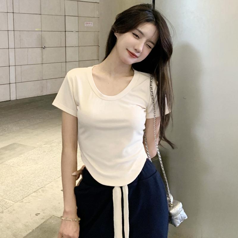 Summer Skinny Slim Waist Sexy U-Neck T-Shirt Versatile Fashion Niche ins Pure Desire Spice Girls Unique Top
