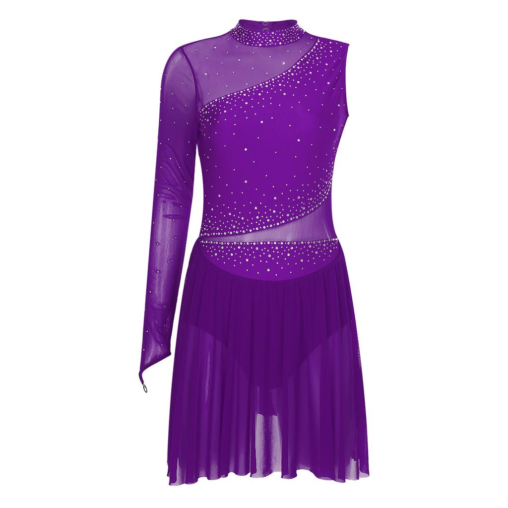 Womens Figure Skating Dance Leotard Single Sleeve Mock Neck Sparkle Rhinestone Ice Performance Wear