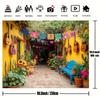 2D flat,1pc Mexican Garden Theme Backdrop with Guitars, Colorful Flags, and Flowers for Photography -No electricity