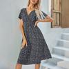 Women Polka Dot Chiffon Midi Dress Short Sleeve V Neck Flowy Dress Bohemian Summer Beach Sundress with Elastic Waist