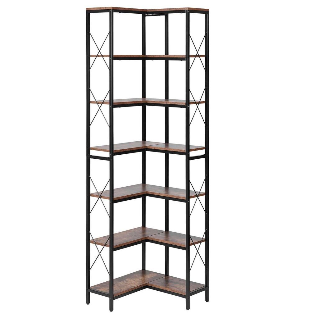 7 Tier Corner Bookshelf, Tall Corner Bookcase Strage, Large L-Shaped Bookshelf Organizer with Metal Frame & Wooden Shelves, Reversible Display Book