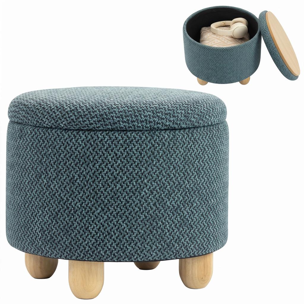 Storage Sitting Bench with Lid, Round Storage Ottoman with Rubberwood Legs, Dark Blue