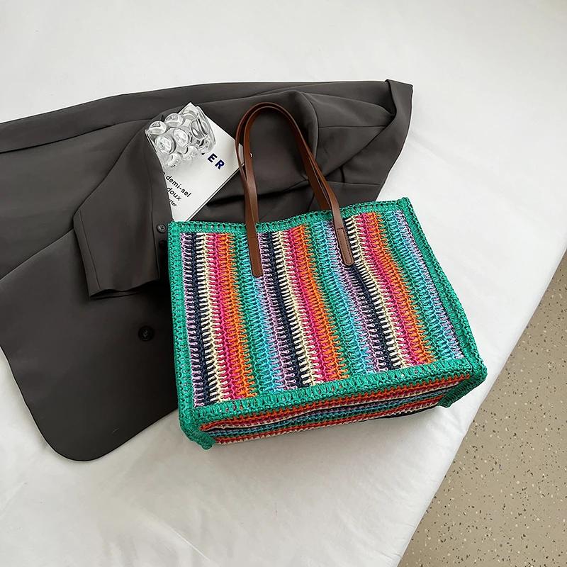 Striped Women's Beach Bag Large Capacity Feminine Shopper Straw Bag Shoulder Bag Travel Designer Summer New