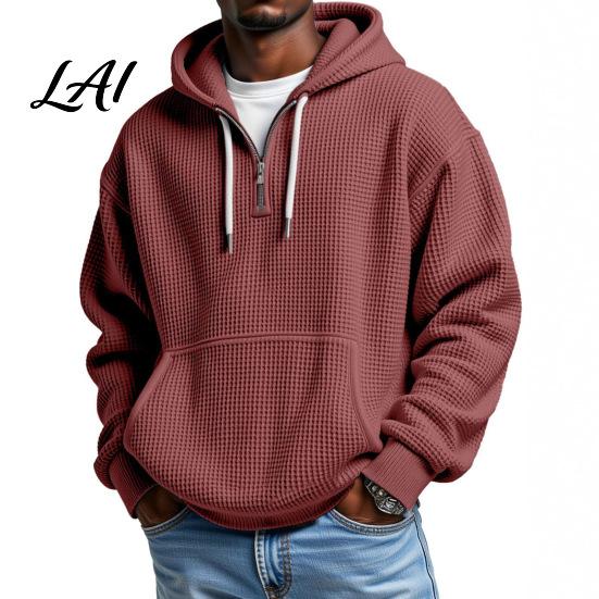 Comfortable Breathable Fabric Sweatshirt Men Waffle Texture Sweatshirt Loose Fit Long Sleeve Pullover Tops with Street Style Front Pocket,
