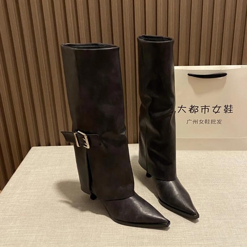 Острый носок женские высокие сапоги на высоком каблуке кожаные женские туфли 2025 тренд зимние гладиаторы сексуальные до колена челси Botas De Mujer