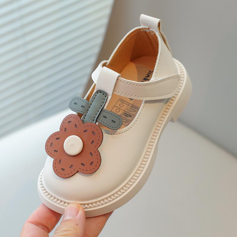 Baby Girls Leather Shoes Kids T-strap Flats with Sweet Flowers Toddlers Children Kindergarten School Princess Fashion Shoes Soft