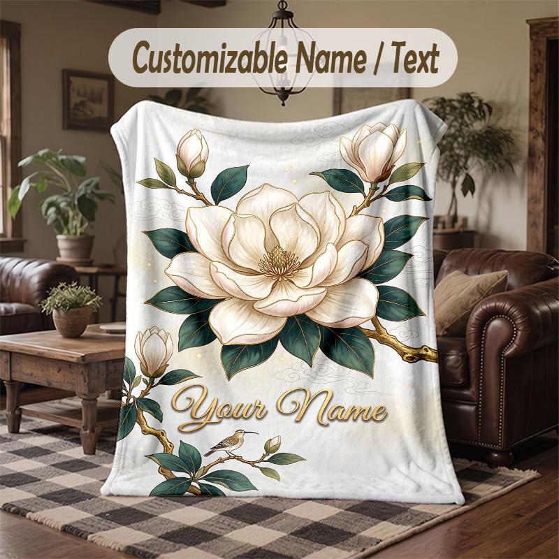 Elegant Lotus Theme Throw Blanket Custom Name Text Personalized Blanket Soft Cozy Blanket for Home Sofa Bed