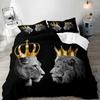 3PCS Lion King & Queen Bedding Set, African Safari Animal Black Bedding, Comforter Cover, Bedroom Decor for Couples Full Size