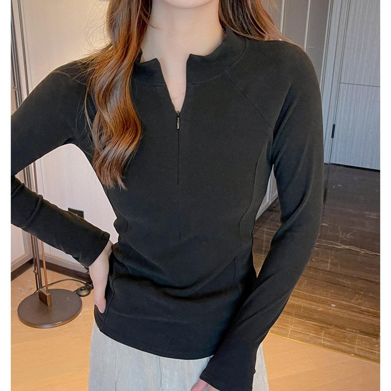 Осень Зима Стойка Воротник Молния Пуловер Однотонная Футболка Женская Длинный Рукав Облегающий Универсальный Топ Футболка