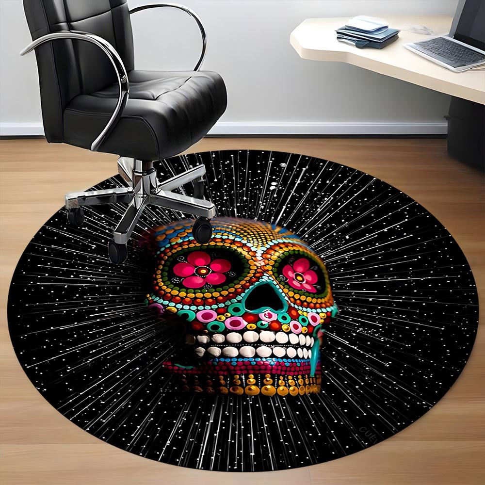 1PC Sugar Skull, Day of the Dead Office Round Area Rug,  Mat Suitable ForOffice, Under Office Chairs Bedroom Living Room Home Decor, Room Deco