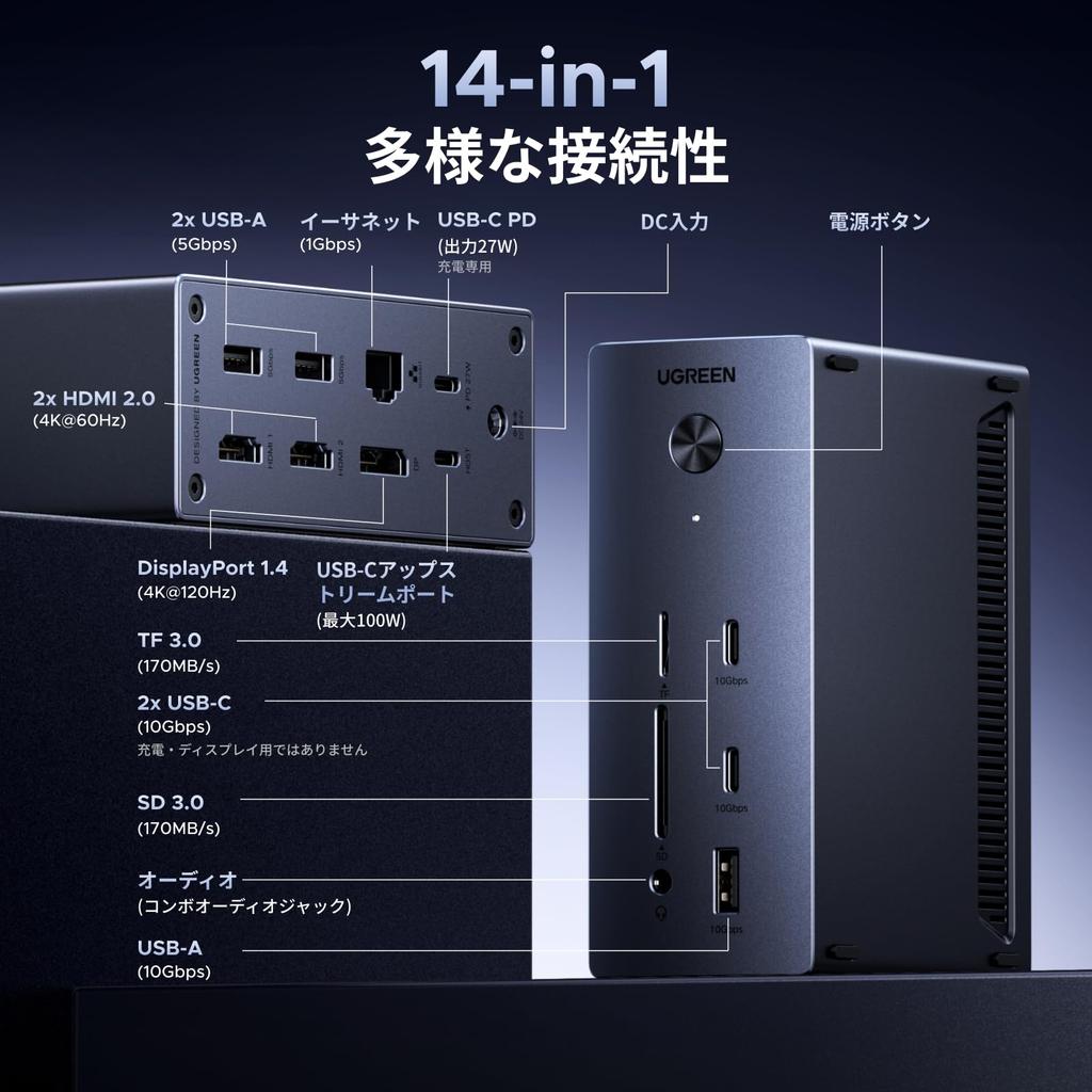 UGREEN Revodok Pro 314 Док-станция с тройным дисплеем, двойной HDMI, HDMI DP, 100 Вт PD, 10 Гбит/с, RJ45, проводная, совместима с ноутбуками Windows и MacBook, USB-C