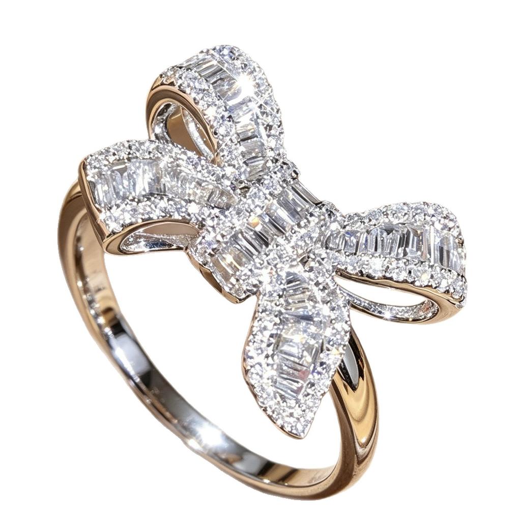 Elegant Micro Inlaid Zircon Bowknot Rings for Women Fashion Gold Plated Copper Finger Ring Party Jewelry Gifts