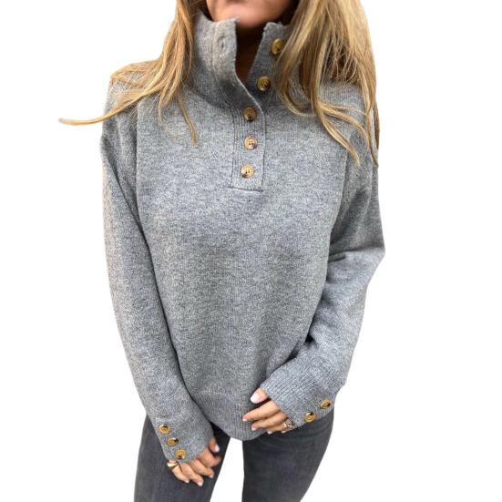 Women Pullover Sweater Stand Collar Buttons Half Placket Long Sleeve Knitting Tops Solid Color Loose Fit Casual Sweater