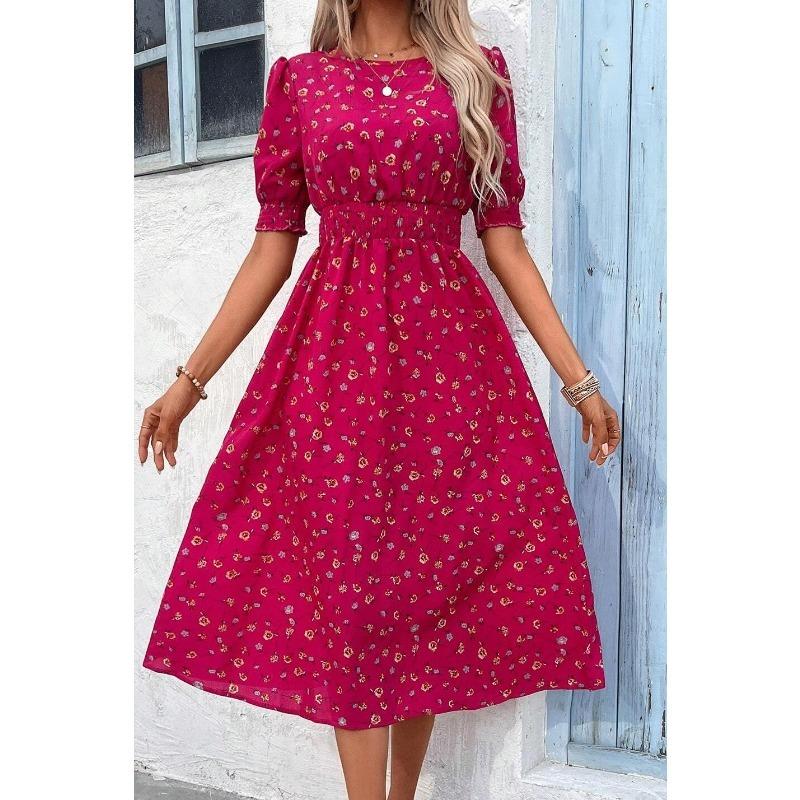 Elegant Summer Short Sleeve Fashion Floral Dress O Neck Women Loose Printed Casual Simple Aline Party Dresses Holiday Slim Fit Pleated Clothing