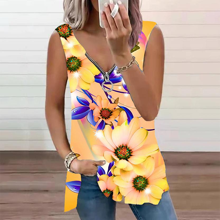 Женский топ, летняя новая мода, повседневный топ с принтом солнечных цветов, большие размеры, без рукавов, на молнии, с v-образным вырезом, майка