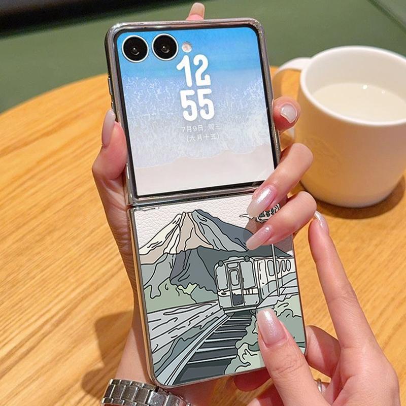 Чехол из ПУ-кожи с изображением горного хребта для Samsung Galaxy Z Flip7 FE Flip6 Flip 7 6 5 5G Серебристая рамка Жесткая складная крышка