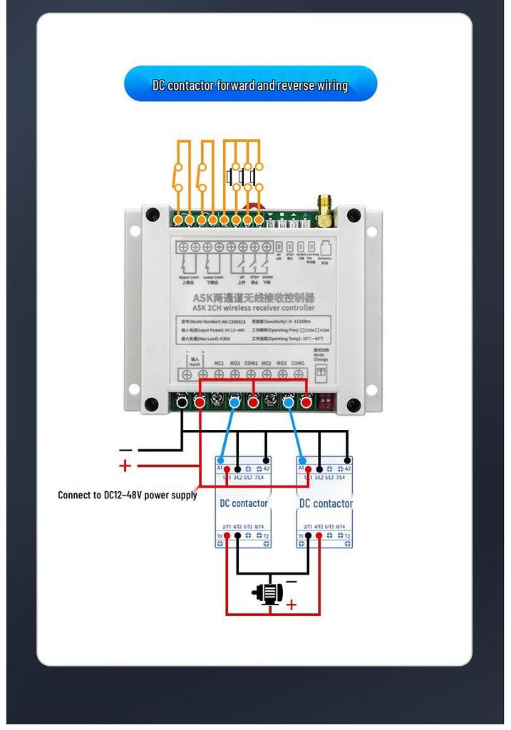 Dual-Direction Remote Control Switch for 12V-48V Motors: Forward/Reverse & Boom Barrier Operation