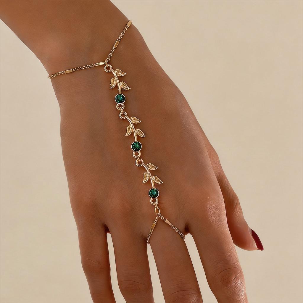 Personalized Green Zircon Leaves Tassel Chain Finger Bangle for Women Gold Color Geometry Knuckle Ring Bracelets Jewelry Gift