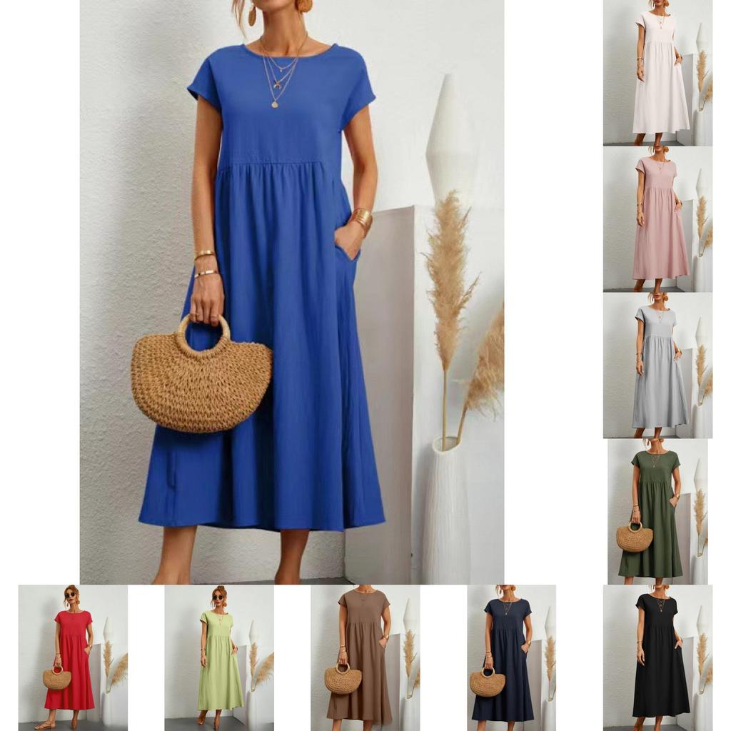 Minimalist Cotton Linen Dress With Pockets For Spring Casual Wear