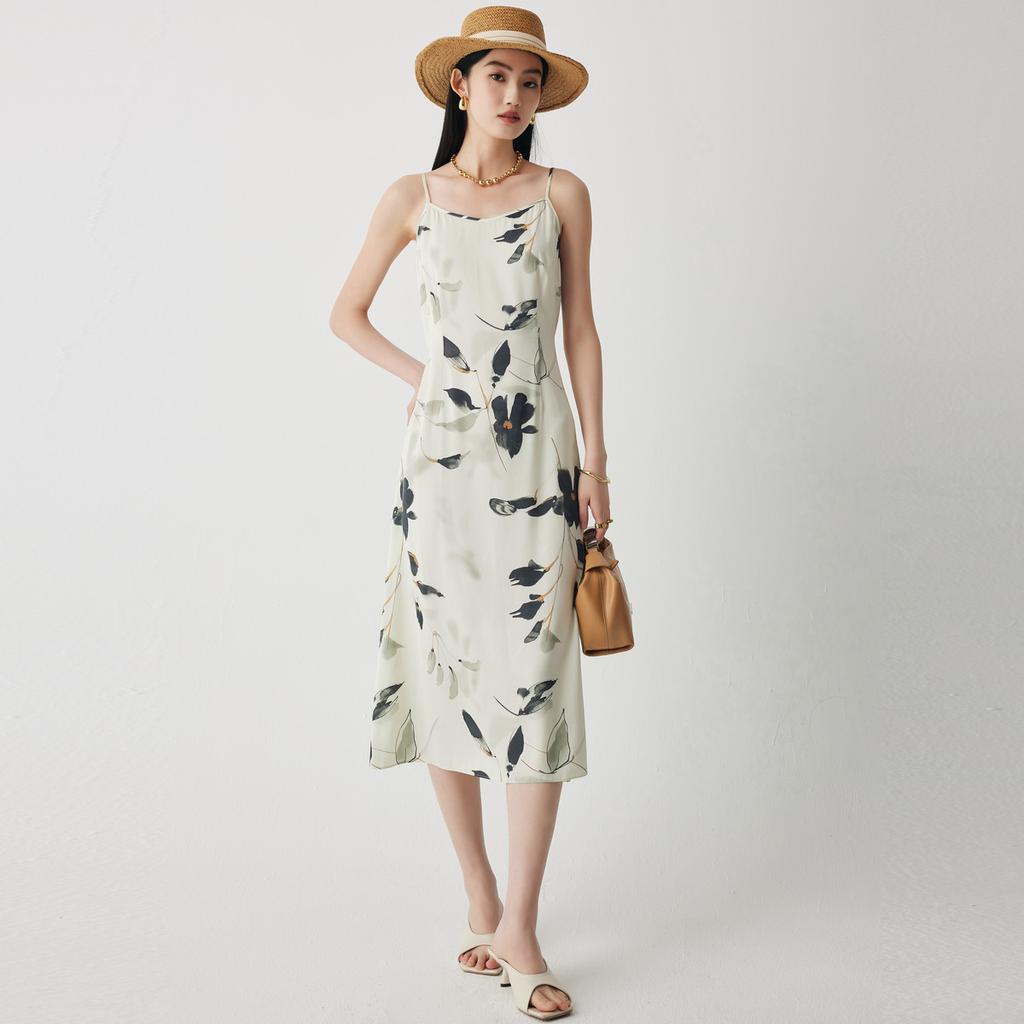 [Interior Style] Spring/Summer Ink Printed Stand Cut Waist for Slimming and Breathable Mulberry Silk Strap Skirt for Women