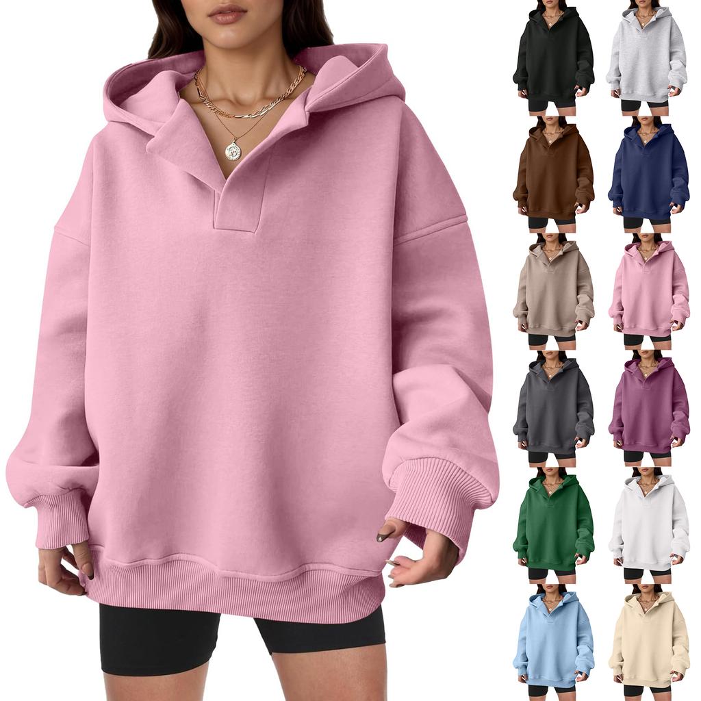 Women's Casual V-neck Pullover Long-sleeve Solid Color Fleece-lined Hooded Sweatshirt Top