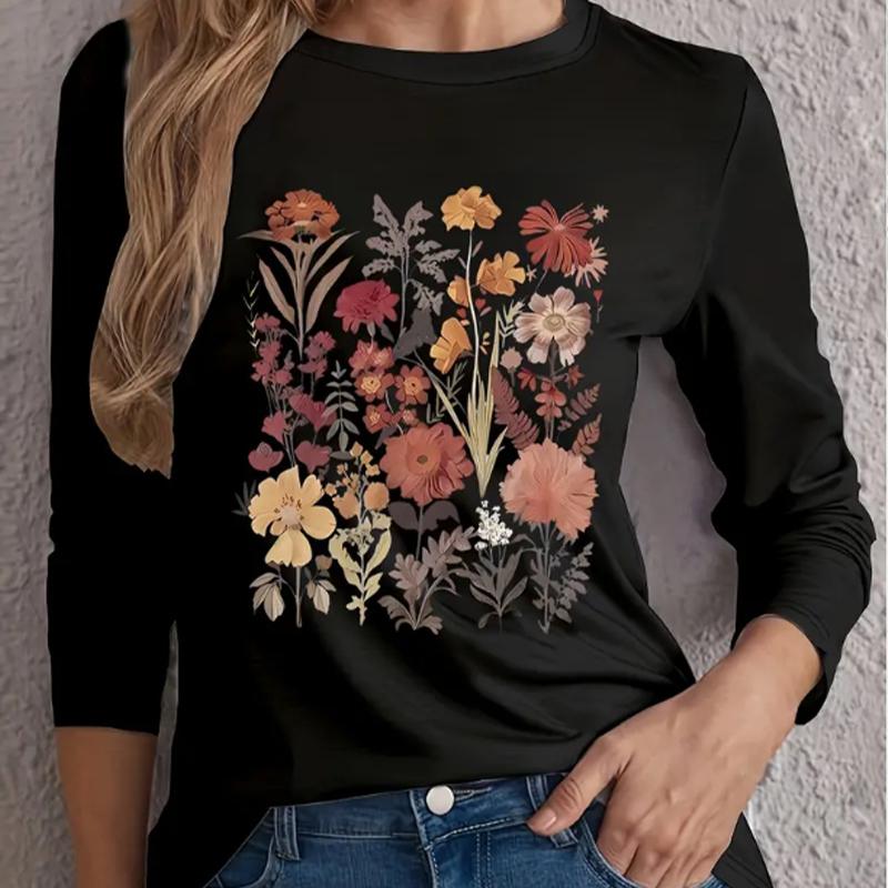 Топы для женщин с 3D-цветочным принтом и круглым вырезом, футболка с длинным рукавом, осенний повседневный тонкий пуловер, женский топ с длинным рукавом