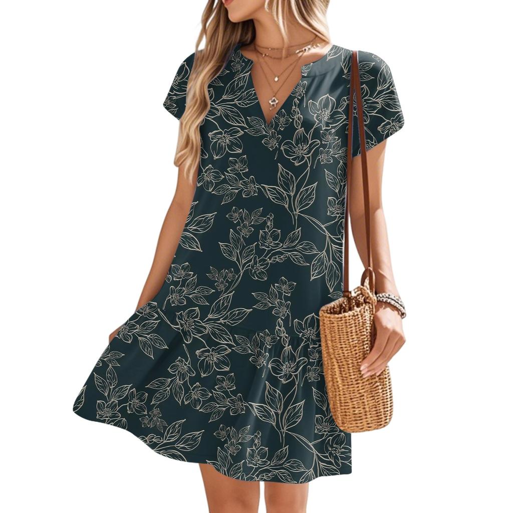 Women's Dresses Short Sleeve V-Neck Floral Printed Loose Casual Temperament Beach Dresses