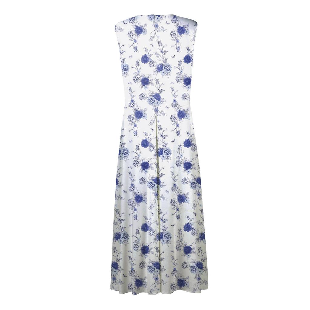 Женское длинное платье Платье макси Повседневное платье Летнее повседневное платье без рукавов с v-образным вырезом в стиле бохо с талией и принтом