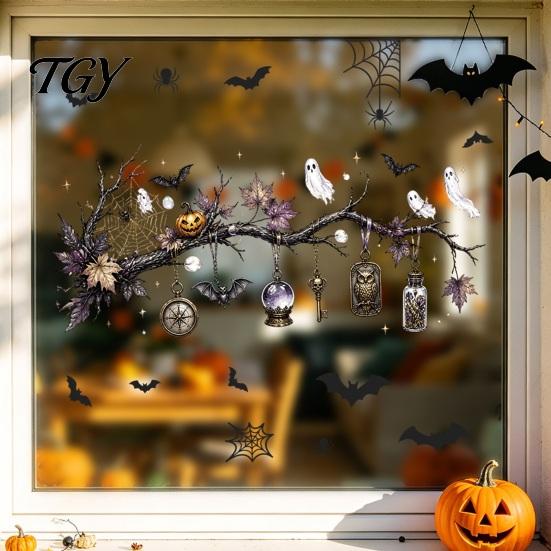 Reusable Transparent Halloween Art 2 Sheets Window Stickers, Bat Spider Web Static Cling Decals, Dark Style Haunted House Decor Ghost Pumpkin
