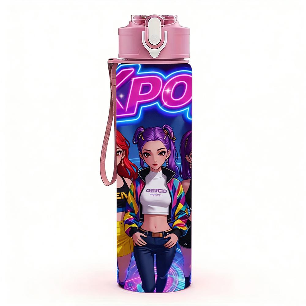 1PC Bright Neon Kpop Girl Group Bust 750ml Color Plastic Water Bottle Leakproof Flip Straw Lid For Sports Office Home Use