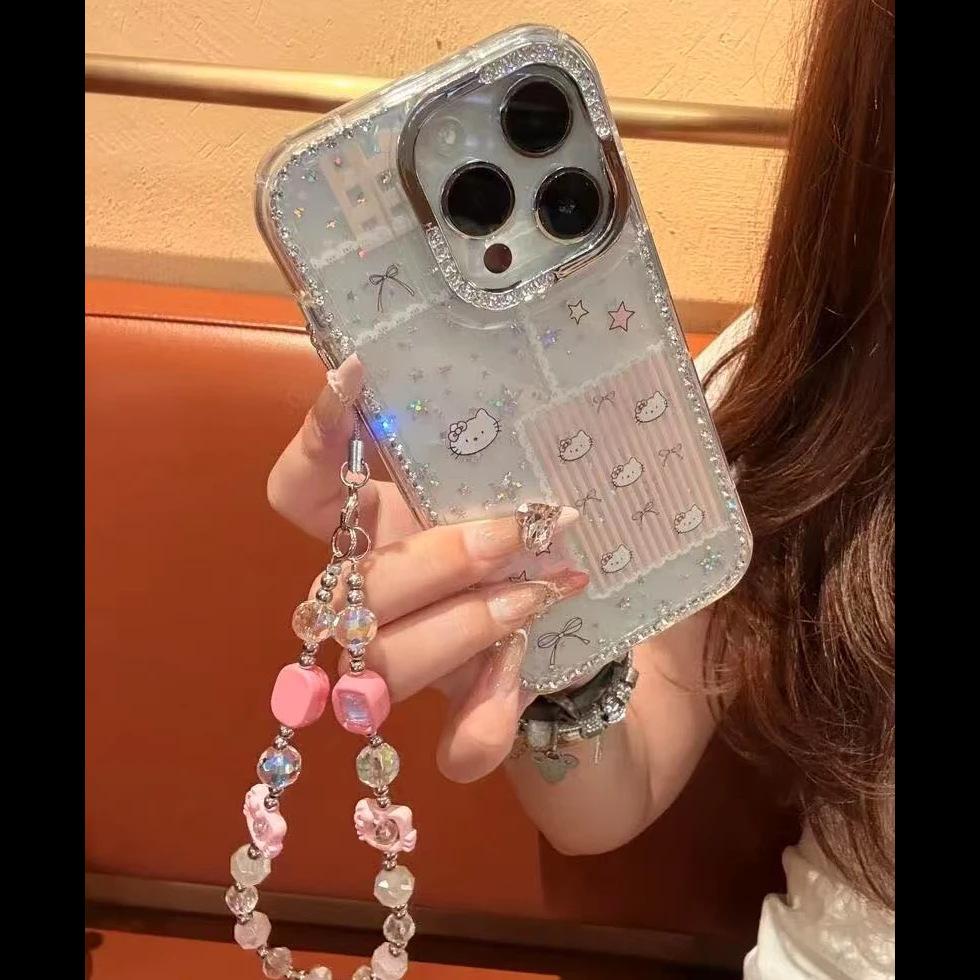 Bow striped Kitty for Apple 17 mobile phone case iPhone16Pro laser 14 flash diamond stars 15 sets