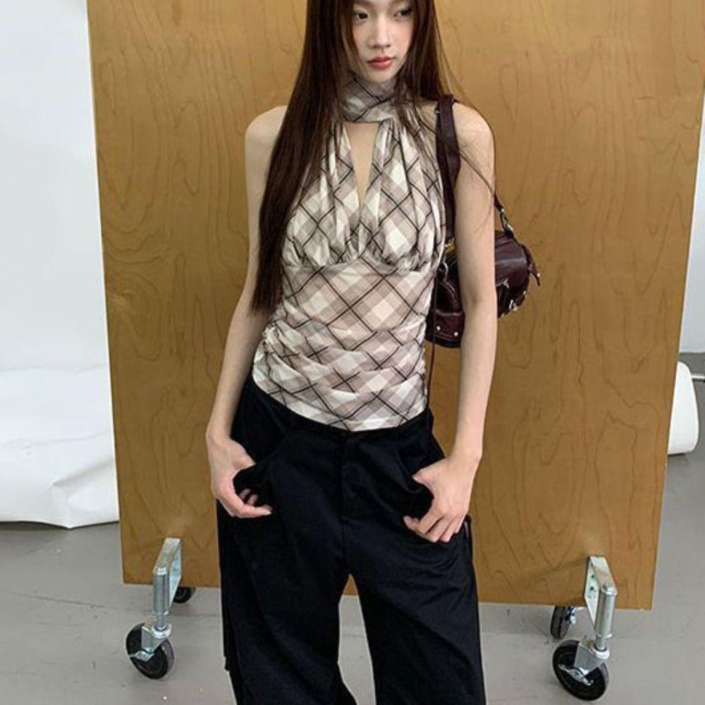 Pleated Halter Sleeveless Camisole Plaid Stripe Suspender Vest Sweet Slim Crop Tops  Women Girl
