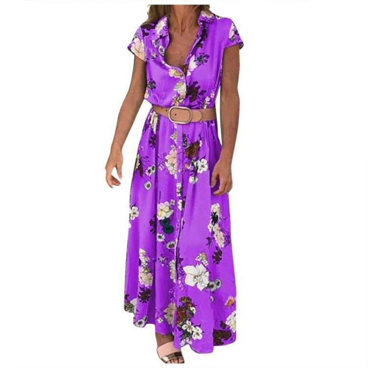 Bohemian Resort Long Dress for Women Ethnic Printed V-Neck Tie Button Retro Style
