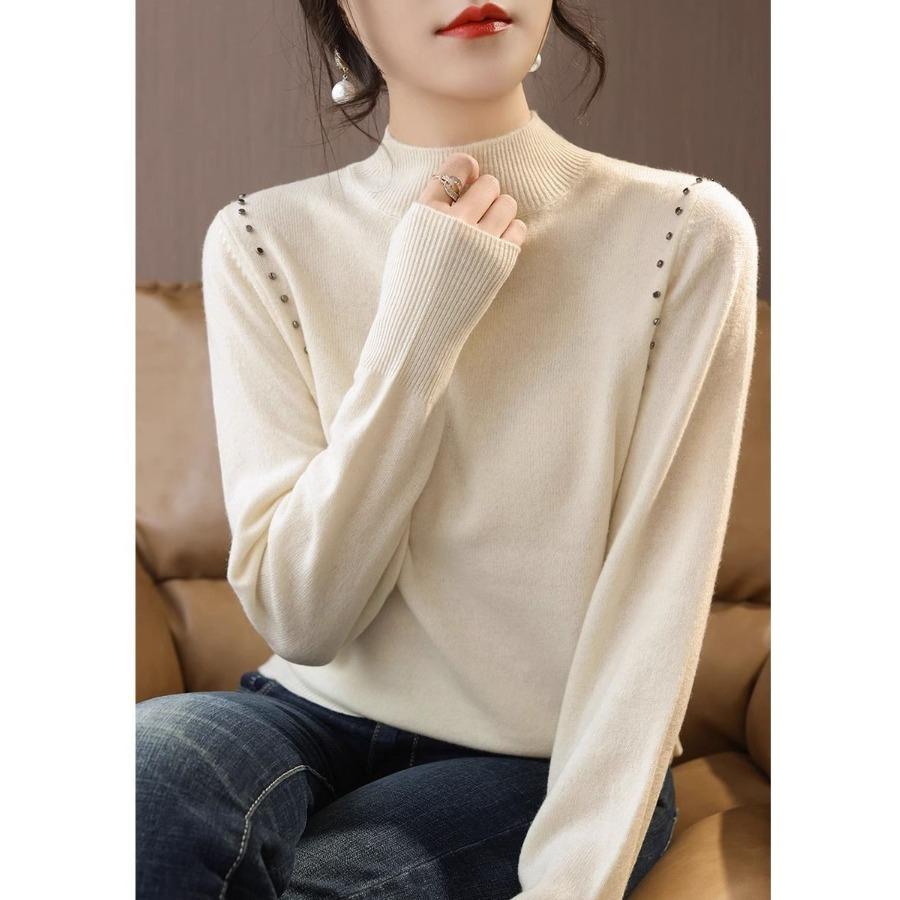 Осенне-зимний женский свитер с высоким воротником и длинными рукавами, трикотажная рубашка, свободная одинарная одежда, нижняя часть рубашки, верхняя часть
