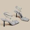 Open Toe 2024 Summer All-match Silver Sandals Women's French Square Head Stilettos Women's Stilettos High Heels  Sandals Women