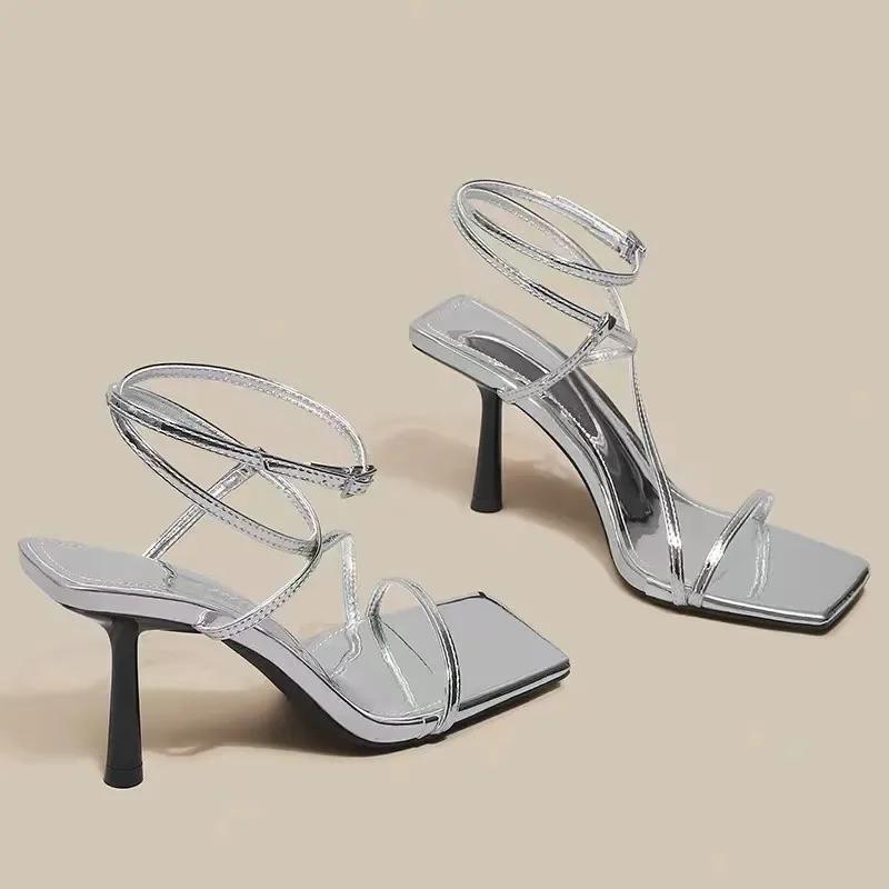 Open Toe 2024 Summer All-match Silver Sandals Women's French Square Head Stilettos Women's Stilettos High Heels Sandals Women