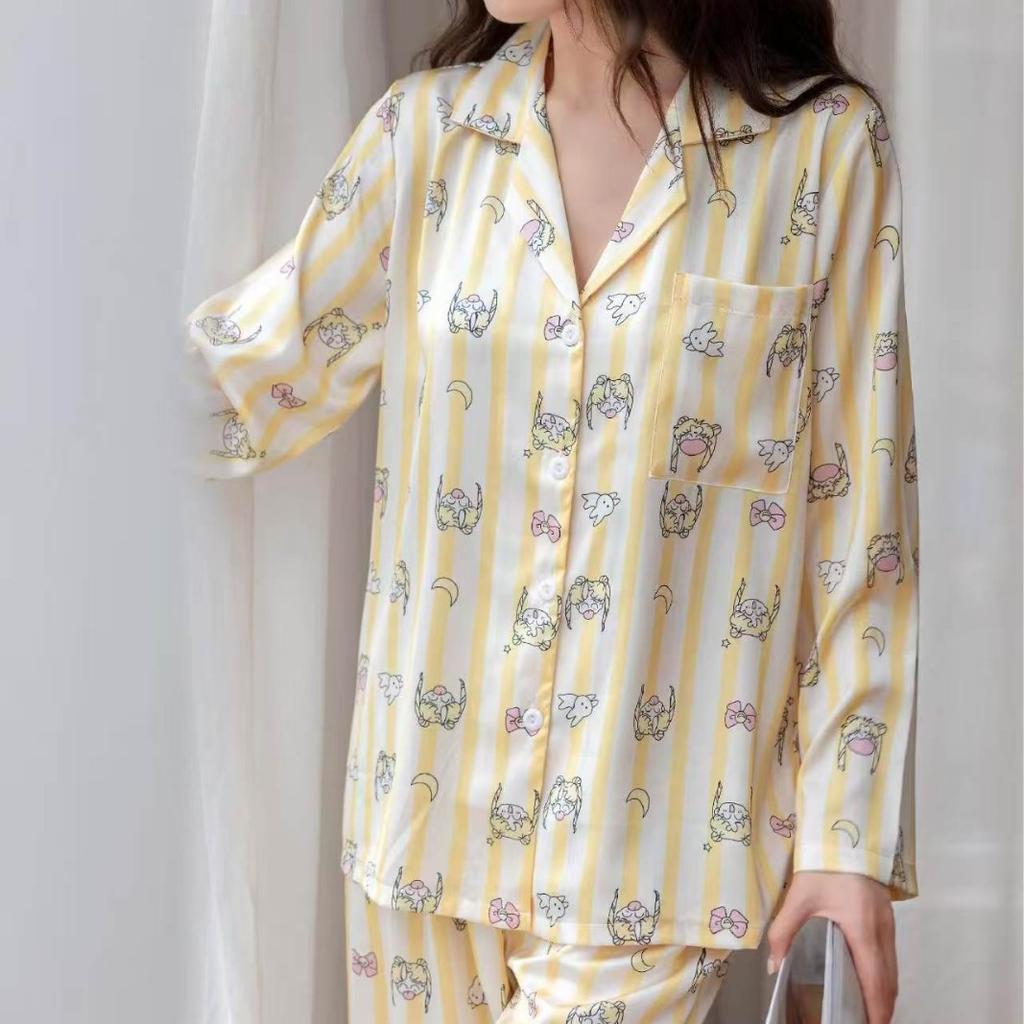 New ice silk pajamas women's spring and autumn long-sleeved cardigan striped cat print loungewear can be worn outside Internet celebrity suit
