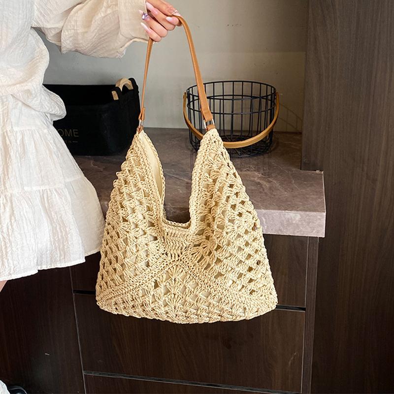 Yogodlns Летняя соломенная вязаная сумка, ажурная сумка-тоут, однотонная пляжная сумка через плечо, праздничная дорожная сумка, сумка через плечо в стиле бохо для женщин