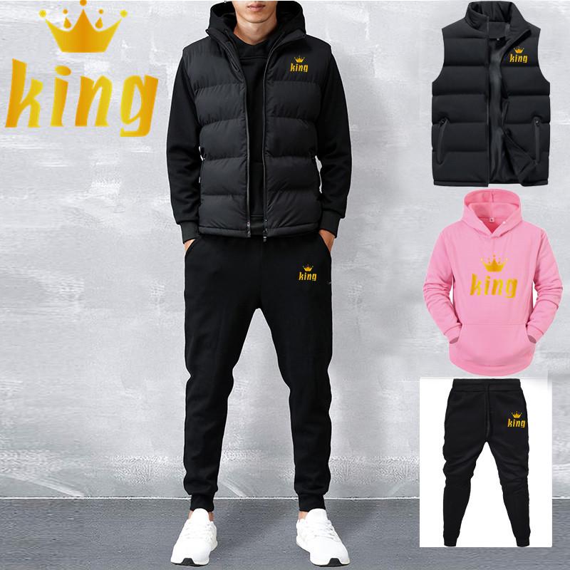 Men Spring Winter Fleece Hoddies Set Casual Sets Vest + Hoodies + Pants 3 Piece Set Male Tracksuit Sportswear Set